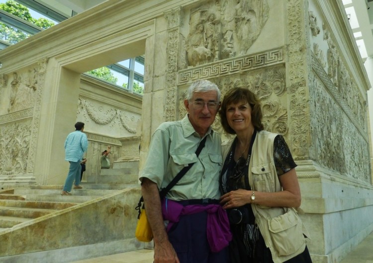 Dom and Sarah Crossan in front of the Ara Pacis Augustae in Rome
